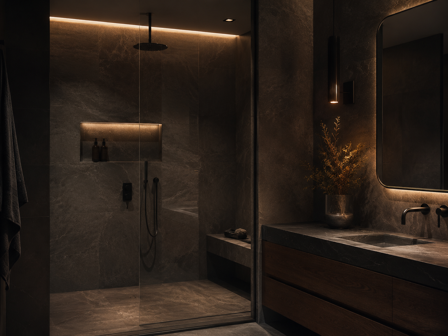 Modern dark bathroom remodel with shower niche and black fixtures