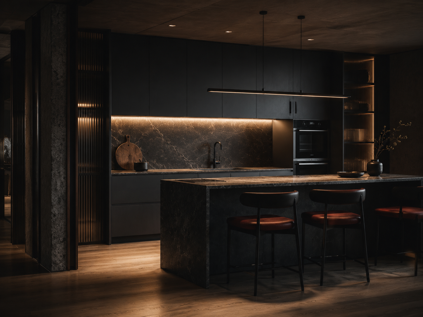Moody modern kitchen renovation with island and under-cabinet lighting