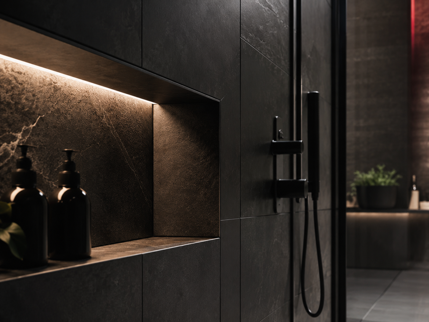 Close-up shower niche, tile detail, black fixtures, and warm LED lighting